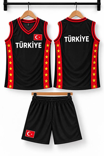 sonvadi Çocuk Basketbol Forması Türkiye Armalı Siyah-Kırmızı 3 Parça Çorap He...
