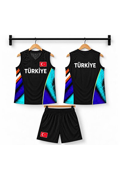 sonvadi Çocuk Basketbol Forması Türkiye Armalı Siyah-Turkuaz 3 Parça Çorap He...