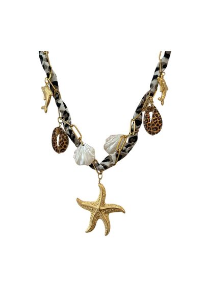 MOMOCA Ατσάλινο Κολιέ με Ύφασμα Leopard & Θαλασσινά Charms