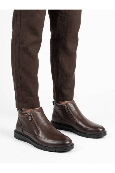 Voyager Men's Brown Zippered Genuine Leather Casual Boots with Fur Inside