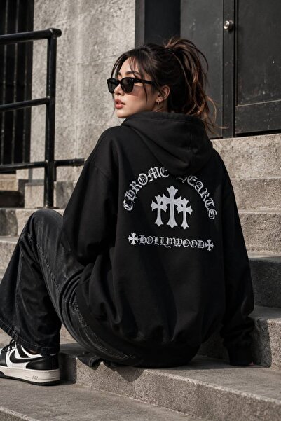 Minga London Siyah Hearts Tarzı Hollywood Sırt Baskılı Oversize Kapüşonlu Sweatshirt