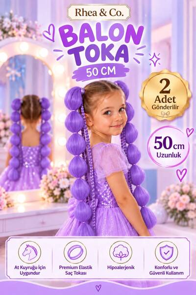 Rhea Company Lila Örgülü Balon Saç – 50 cm Çocuk Saç Tokası | 2’li Set