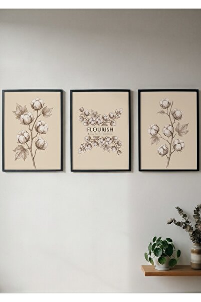 KEYFHOME Flourish Pamuk Çiçeği Botanik Set de 3 tablouri MDF înrămate cu post...