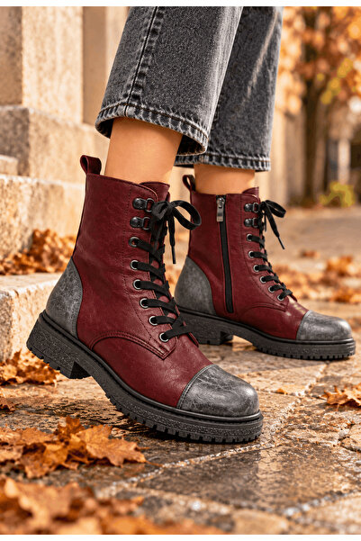 İNZE AYAKKABI Genuine Leather Women's Zippered Lace-Up Boots Model Name: Neith