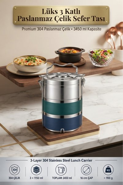 VANCKEY 3 Katlı Sefer Tası Vakumlu Sızdırmaz Yemek Taşıma Kabı 16 cm Termos B...