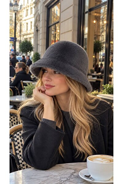 MARBERRY Anthracite Soft Textured Plush Bucket Women's Hat
