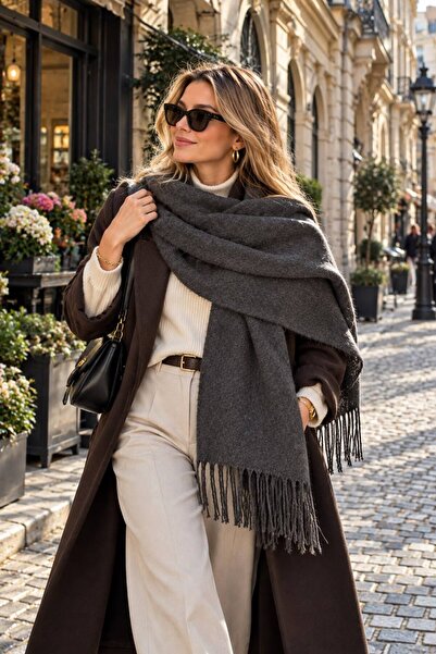 FELLMENS Anthracite Lux Soft Textured Tasseled Boucle Shoulder Women's Shawl ...