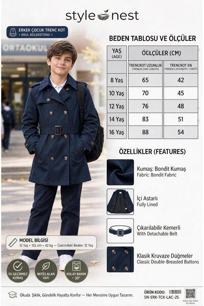 STYLENEST Erkek Çocuk Klasik Kruvaze Trençkot Düğmeli,Cepli Kemerli Mevsimlik...
