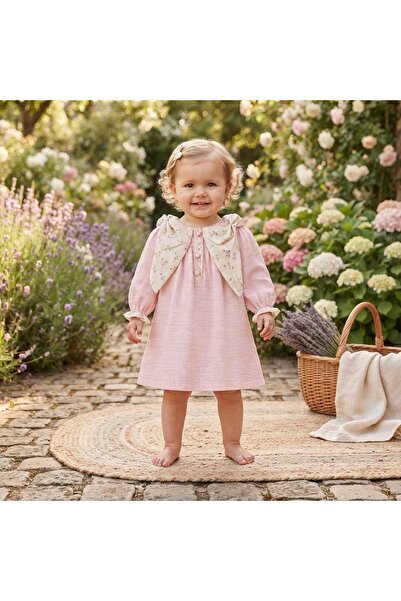 Pure Boutique Rochita fetita roz din muselina cu guler floral si maneci lungi