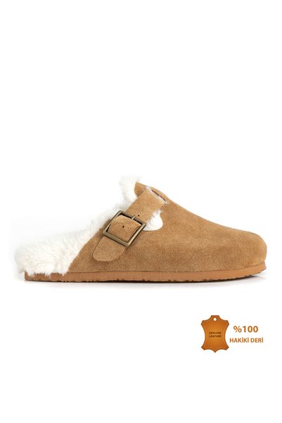 luxeviva Women's Fur-Trimmed Genuine Leather Buckle Sandal Clogs Aitana