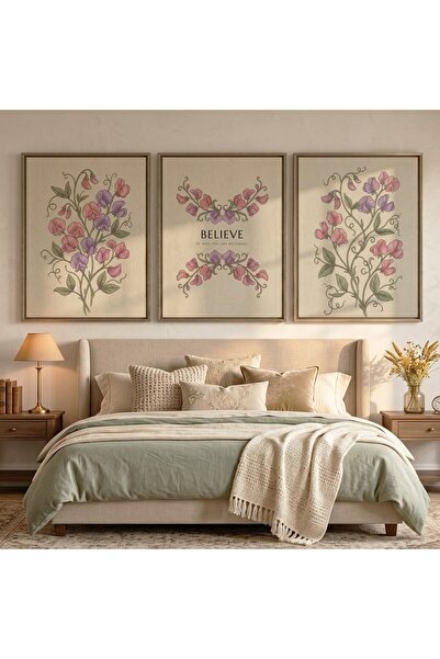 KEYFHOME Believe Flower Botanic Set de 3 tablouri MDF înrămate poster cadou p...