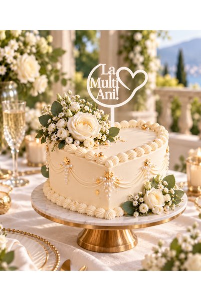 Bello Carino High quality decoration products Decoratiune Topper pentru Tort, Model Inimă cu mesaj „La Mulți Ani!”, Aniversare, MDF, 12 x 15,5 cm