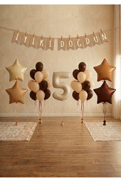 Işıltı Balon Dükkanı 5 Year Old Birthday Decoration Set with Number Foil Balloons, Cream Coffee Party Decoration