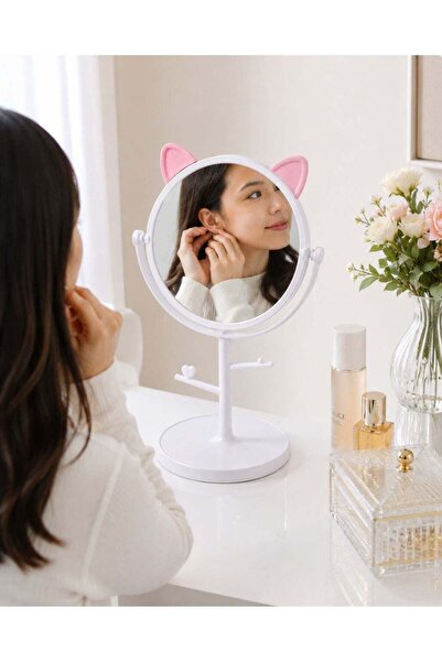 Generic Cute Cat Ear Tabletop Vanity Mirror with Jewelry Holder Stand, 360° R...