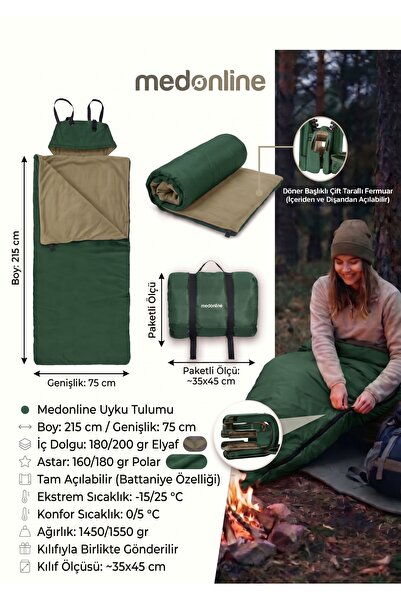 Med Online Yeşil Uyku Tulumu(-25 derece) Su Geçirmez(215×75 CM) 220 gr Elyaf/...