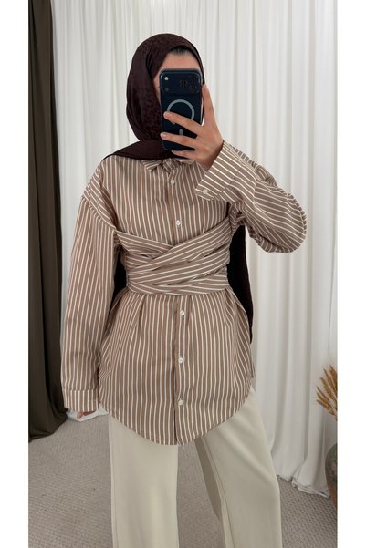 Hepsi Moda Striped Tie-Down Shirt - Hpm - Mink