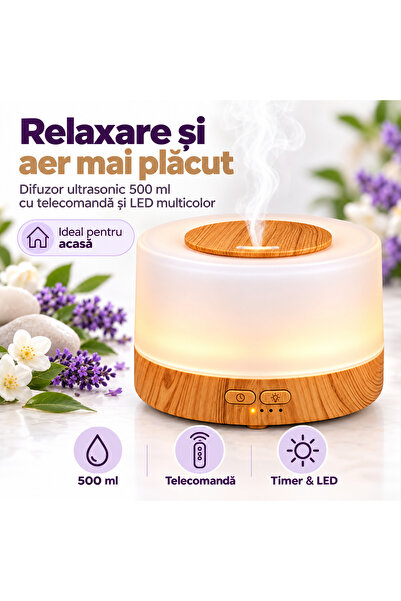 iTin Difuzor aromaterapie ultrasonic 500 ml, telecomanda, LED multicolor si t...