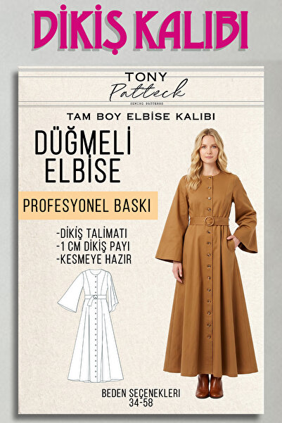 Tony Patteck Düğmeli Elbise (EL49) - Hazır Dikiş Kalıbı (34-58 Beden)
