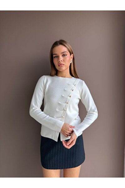 Noi Belis Cross Buttoned Draped Crew Neck Knitwear Sweater Aw26Kz00080