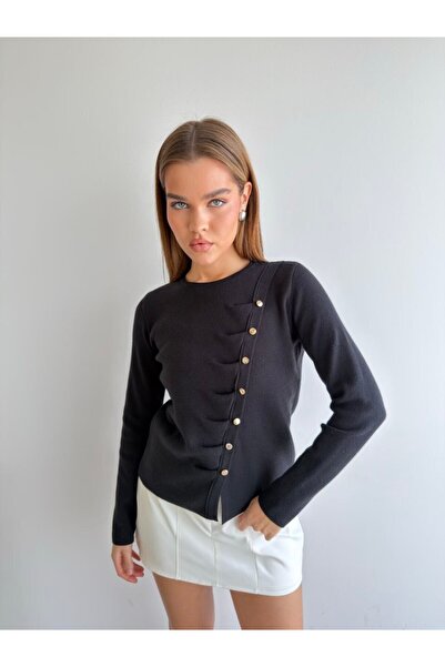 Noi Belis Cross Buttoned Draped Crew Neck Knitwear Sweater Aw26Kz00080