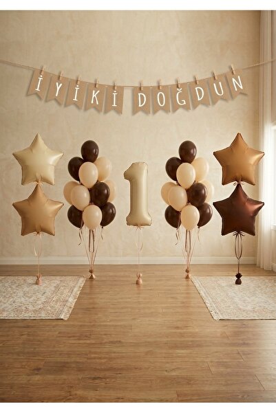Işıltı Balon Dükkanı 1 Year Old Birthday Decoration Set with Number Foil Balloons, Cream Brown Party Decoration