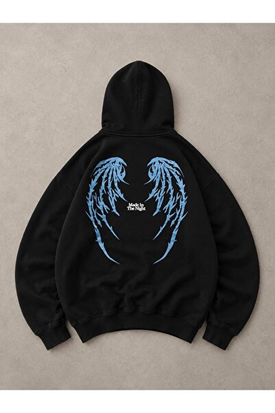 Minga London Siyah Made In Nıght Gotik Melek Kanadı Sırt Baskılı Oversize Kapüşonlu Sweatshirt