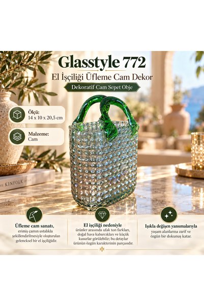 İki Yedi Konsept Glasstyle 772 El İşçiliği Üfleme Cam Çanta Sepet Objesi Yeşi...