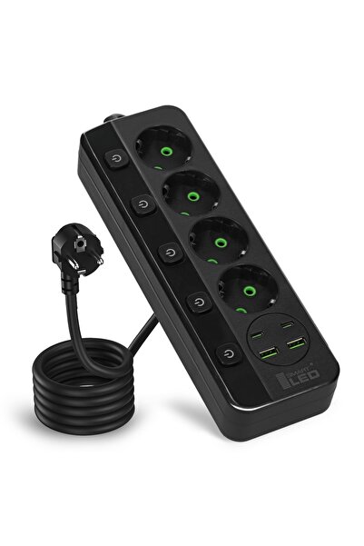 SMARTLED Prelungitor cu 4 prize, 230V, 3m, cu 4 porturi USB pentru încărcare