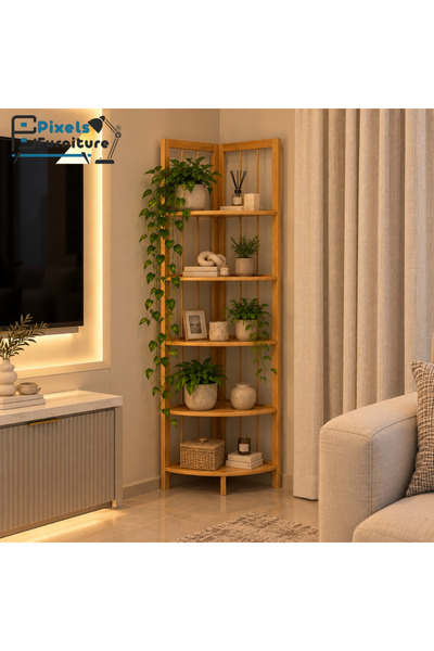 PixelsFurniture رف خيزران زاوية من بكسل الأثاث، ب 5 أرفف تخزين، رفوف تخزين مت...