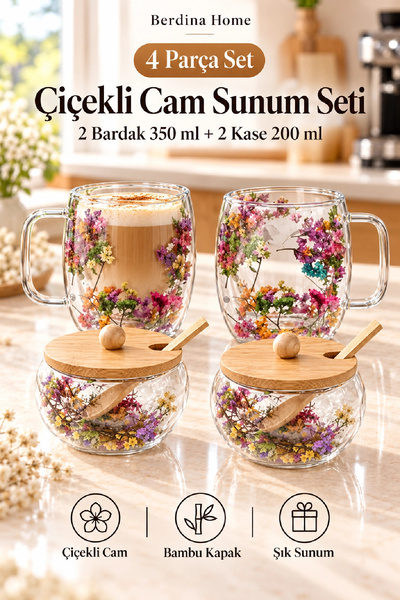 Berdina Home 4’lü Çiçekli Cam Sunum Seti Kulplu Bardak ve Bambu Kapaklı Kaşıklı Kase Kahve Seti 350 ml ve 200 ml