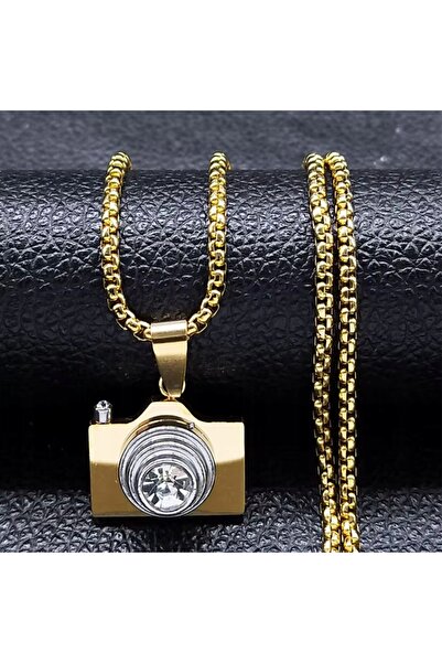 NO BRAND Colier cu lanț auriu, oglindă tip cameră, zirconiu cubic, oțel inoxi...