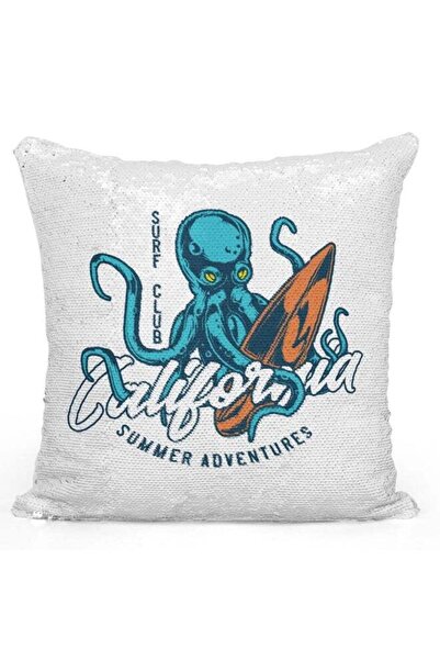 Generic Decorative Throw Pillow - California Surfing Octopus White/Blue/Orang...