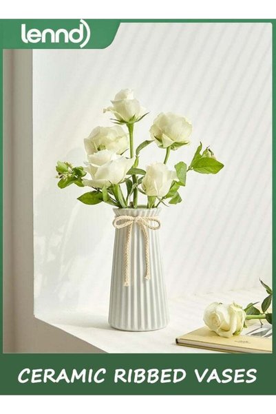 Generic White Ceramic Ribbed Vases for Minimalist Modern Home Decor, Decorati...