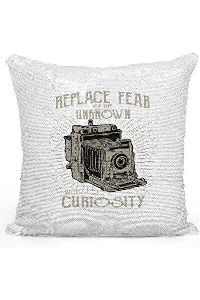 Generic Camera Themed Sequin Decorative Throw Pillow White/Grey/Silver