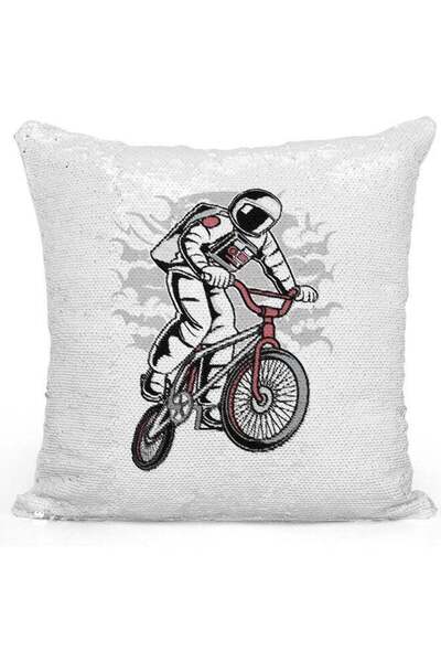 Generic Astronaught Bike Design Themed Sequin Decorative Throw Pillow White/S...
