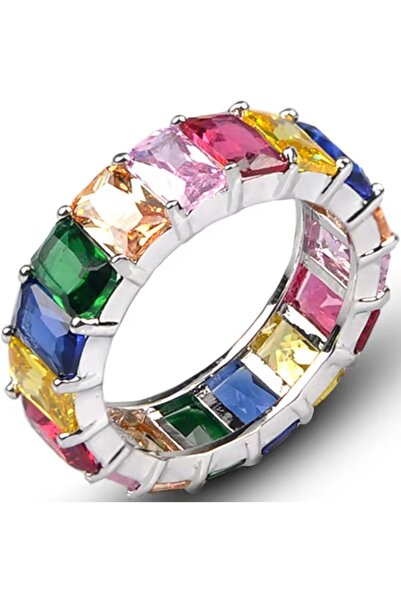 NO BRAND Inel de argint placat cu argint, cu pietre de zirconiu ovale colorate