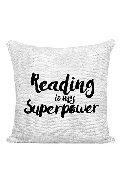 Generic Reading Is My Super Power Sequined Pillow Silver/White/Black 16x16inch