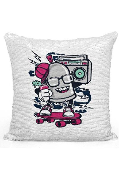 Generic Radio Guy Themed Sequin Decorative Throw Pillow White/Grey/Silver
