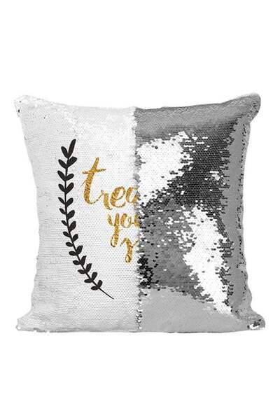 Generic Treat You Self Sequined Throw Pillow Silver/White/Yellow 16x16inch