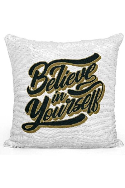 Generic Believe Quote Themed Sequin Decorative Throw Pillow White/Silver/Gree...