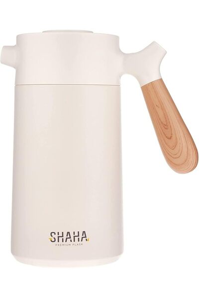 SHAHA قارورة فراغية من الفولاذ المقاوم للصدأ بمقبض خشبي، سعة 1.4 لتر، لون أبيض