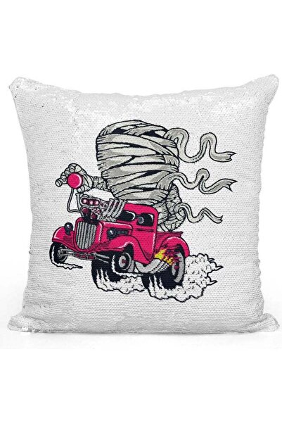Generic Funny Mummy Ride Themed Sequin Decorative Throw Pillow White/Pink/Silver