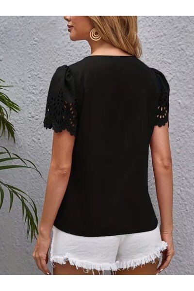 MYSSHOES Women's Short Sleeve V-Neck Dubai Blouse with Ruched Sleeves