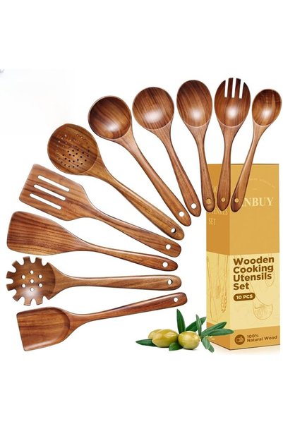 GENERAL ANBUY Teak Wood Kitchen Utensils Set, Heat Resistant Wooden Spoons fo...