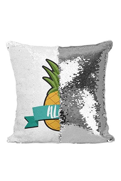 Generic Aloha Tropical Fruit Pineapple Hawaii Sequined Throw Pillow Silver/Wh...