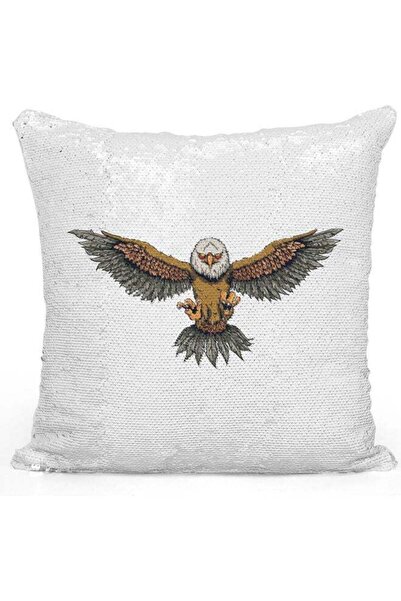 Generic Eagle Attack Themed Sequin Decorative Throw Pillow White/Yellow/Silver