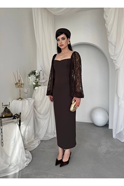 conconmoda Kadın Dokuma Detay Dantel Tül Kol Şık Tasarım Abiye Elbise-01067