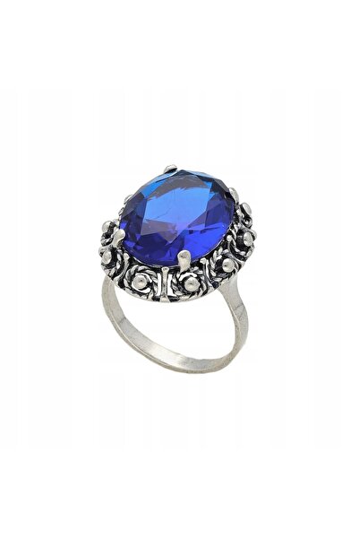 NO BRAND Inel cu safir oval din argint oxidat