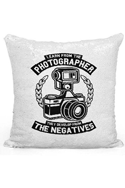 Generic Vintage Photographer Sequin Decorative Throw Pillow White/Silver/Blac...