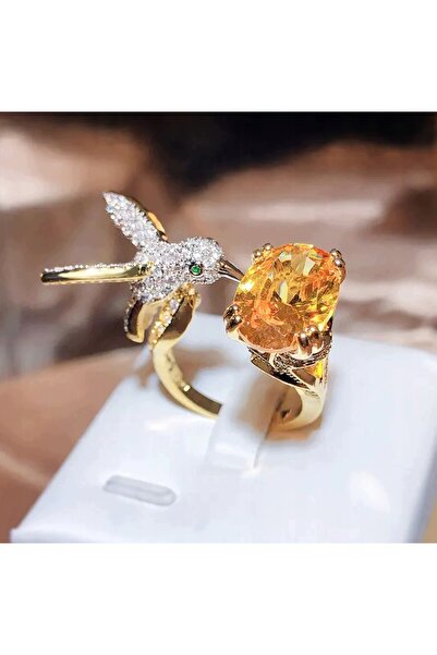 NO BRAND Inel oval Cyrtin de 14 mm, culoare aurie, cu zirconiu Colibri, din o...